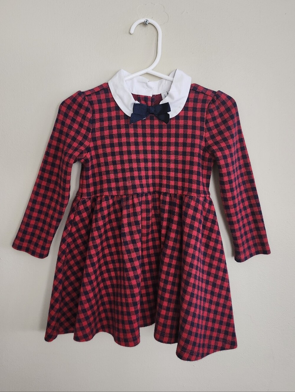 Girls Red & Black Plaid Collar Dress with Bow, 18-24M
